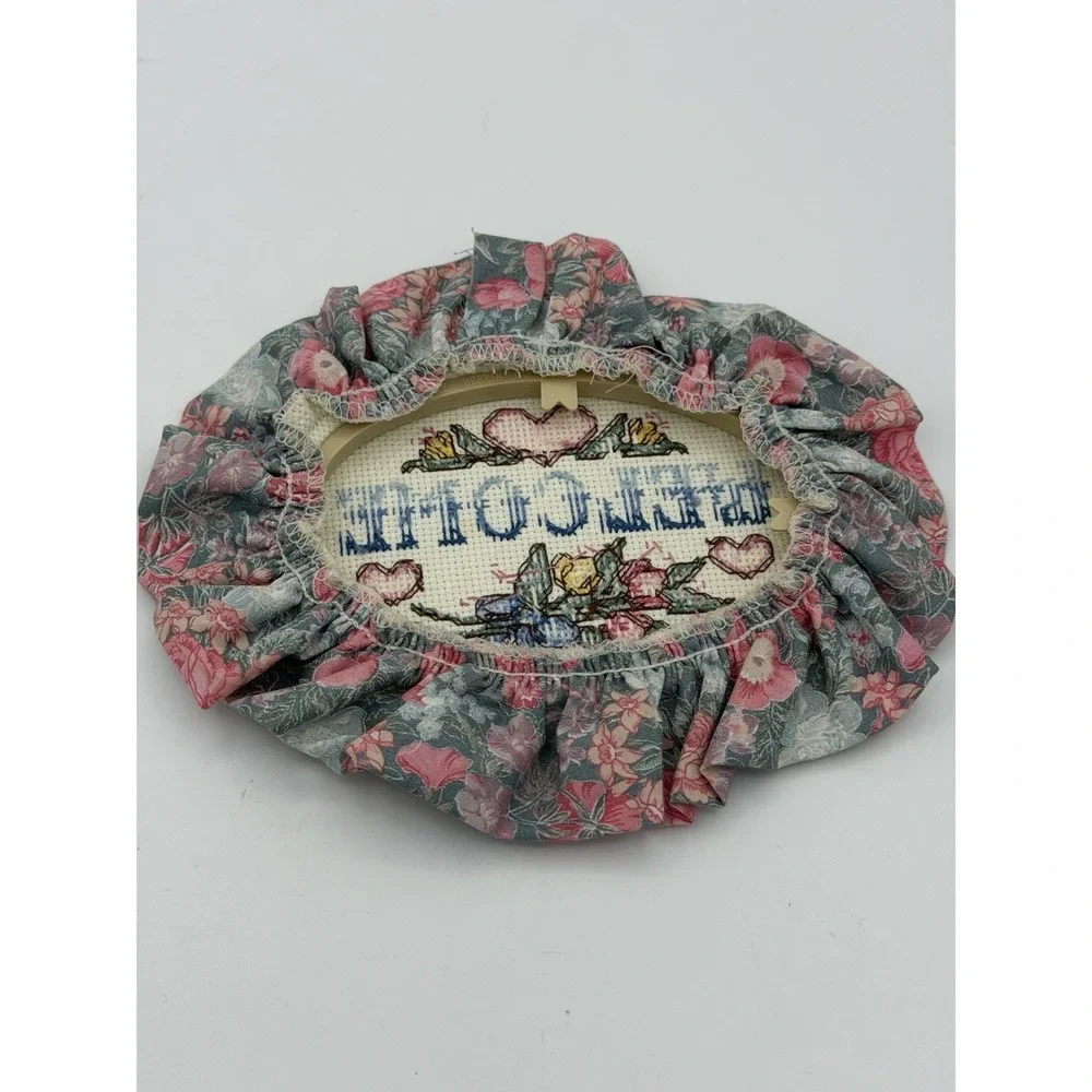 Hand Embroidered Welcome Oval Hoop Laced Edges Counted Cross Stitch Needlepoint